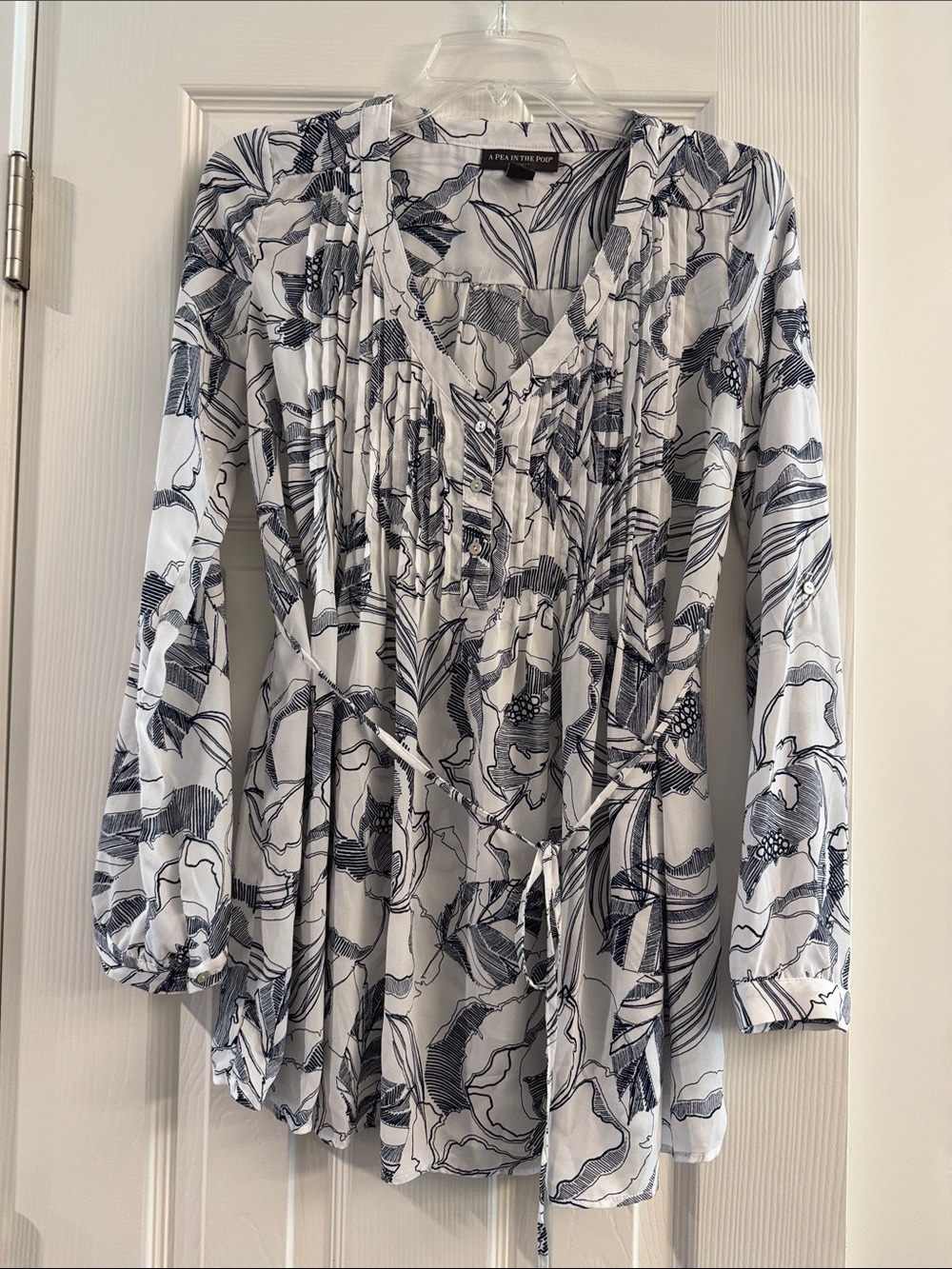 A Pea in the Pod White Button-Down Maternity Top with Navy Floral Print